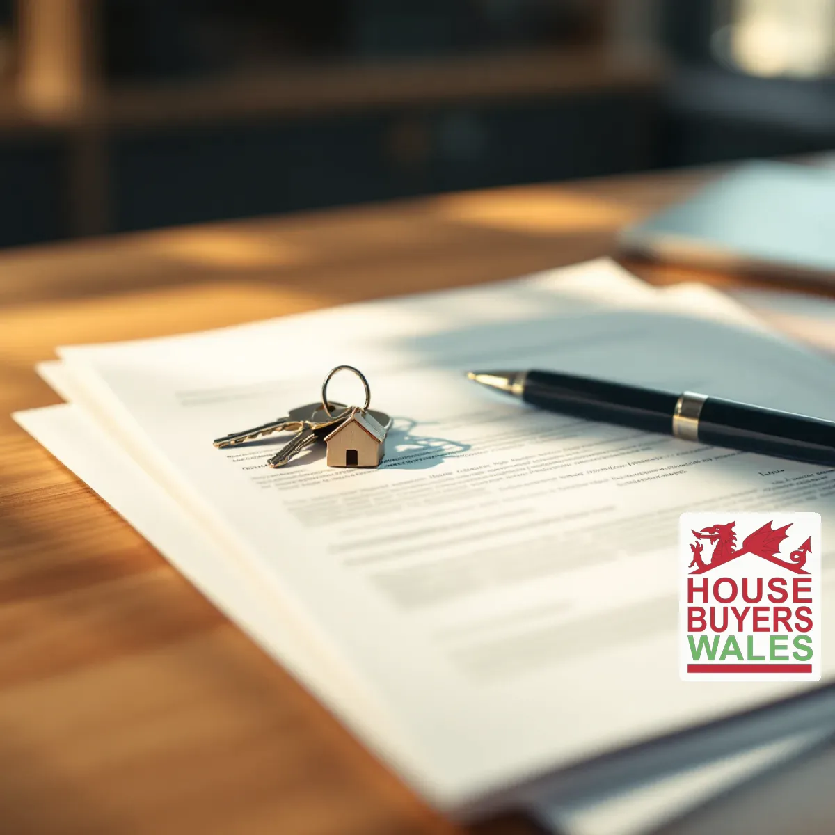 A conveyancing solicitor's desk with property documents, a pen and house keys