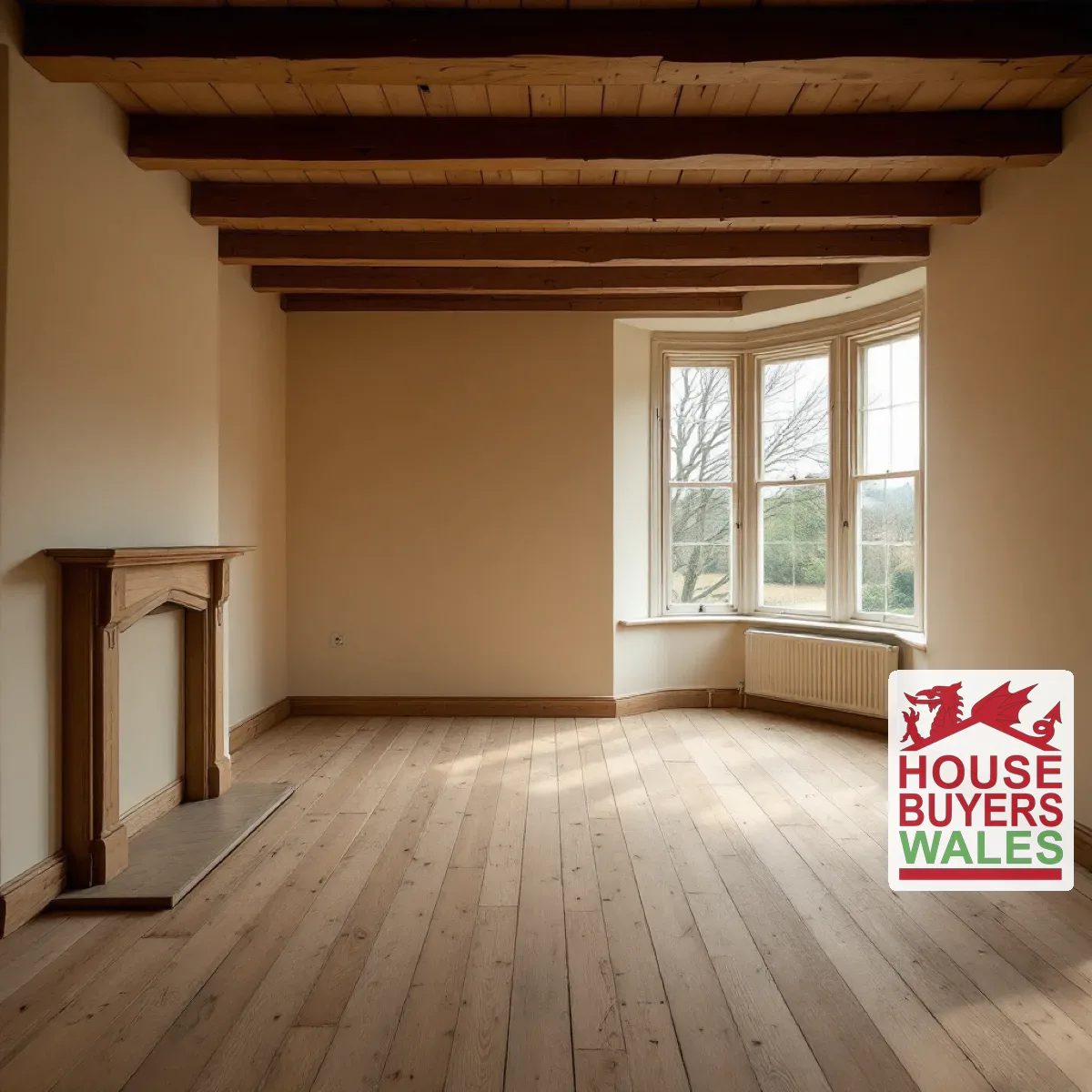 An empty unfurnished living room with a bay window and bare floorboards in a South Wales house