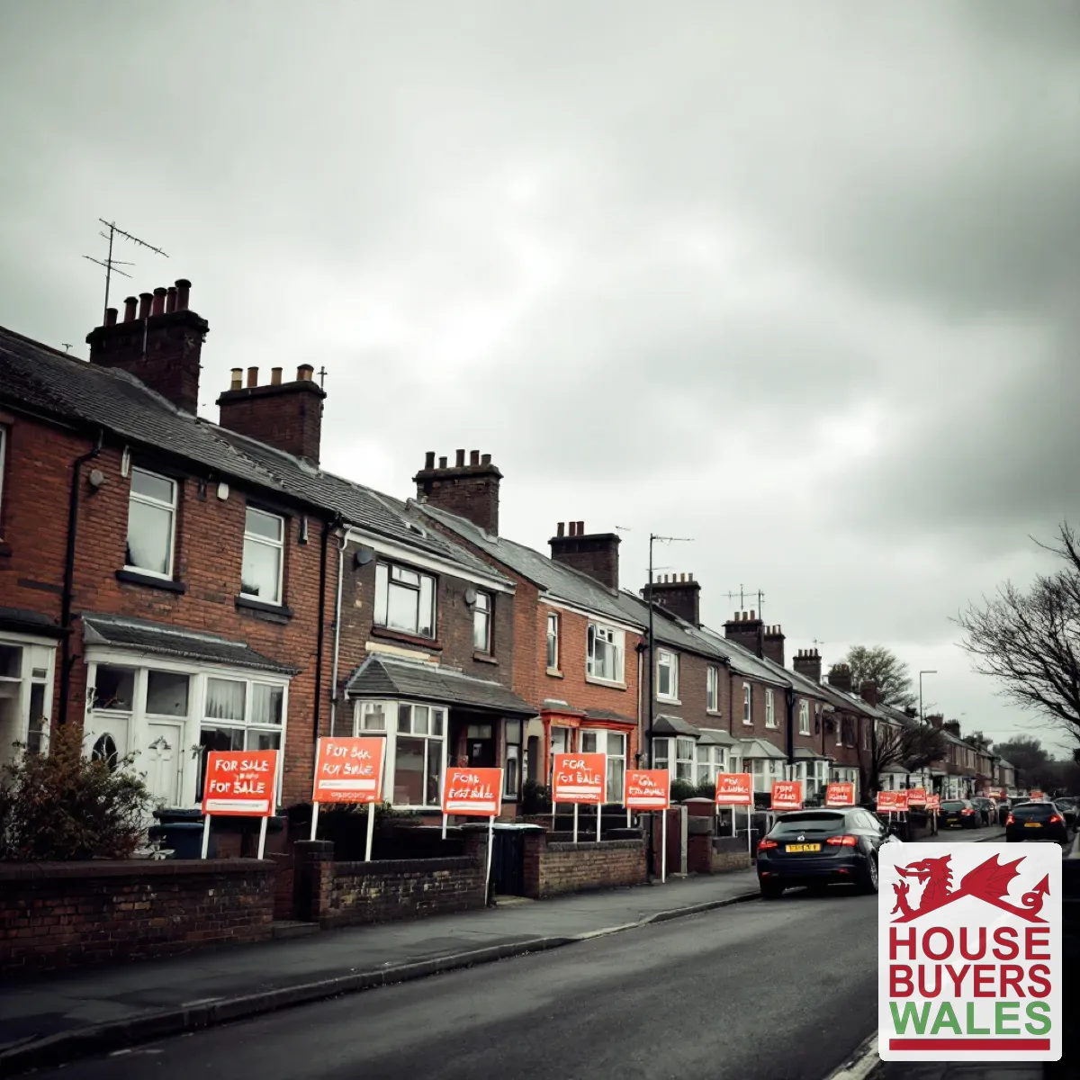 A row of South Wales terraced houses under a grey sky with a line of estate agent For Sale boards outside, homes sitting unsold