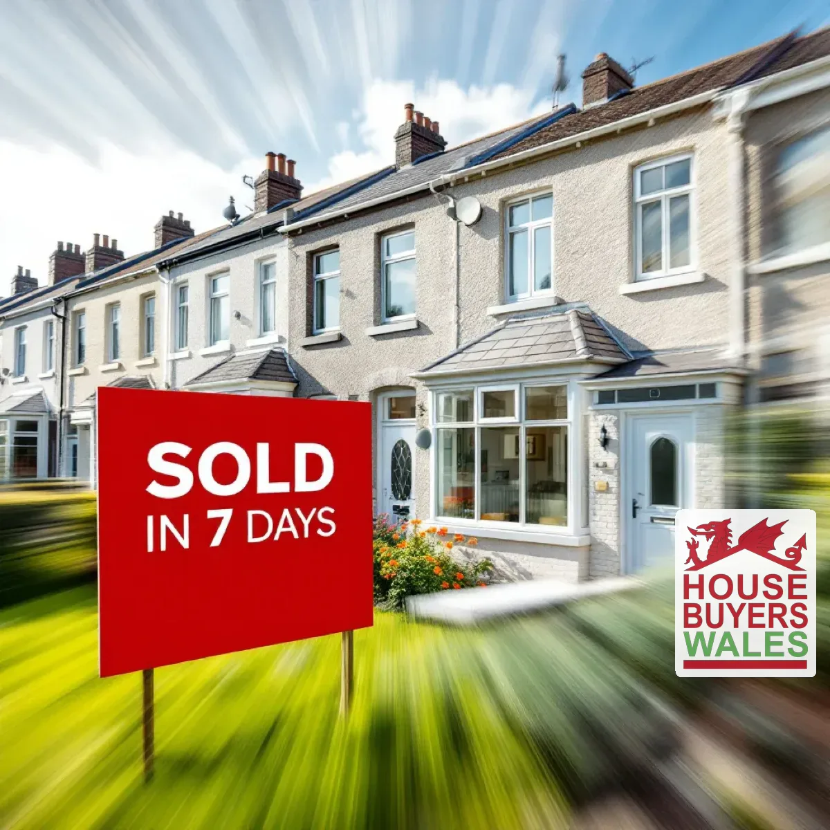 Pebble-dash terraced houses in South Wales with a bold SOLD IN 7 DAYS board in the front garden