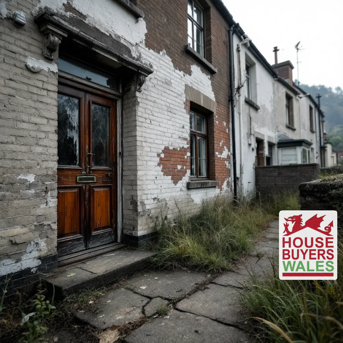 A run-down South Wales terraced house with peeling paint and an overgrown path, in need of renovation